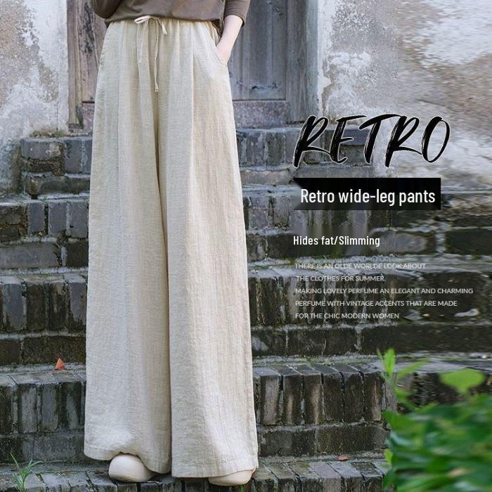 

Retro Ethnic Style Cotton and Linen Wide-Leg Pants: Women s Casual Solid Color Spring/Summer Trousers. M (95-115 jin)
