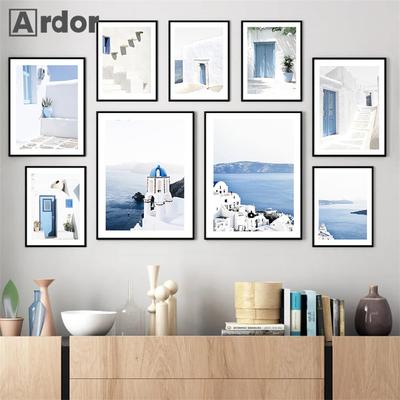 Griechenland Meer Ozean Poster Santorini Leinwand Drucke Pflanzen Blau Vase Tür Wand Kunst Malerei Nordic Poster Bild Wohnzimmer Dekor