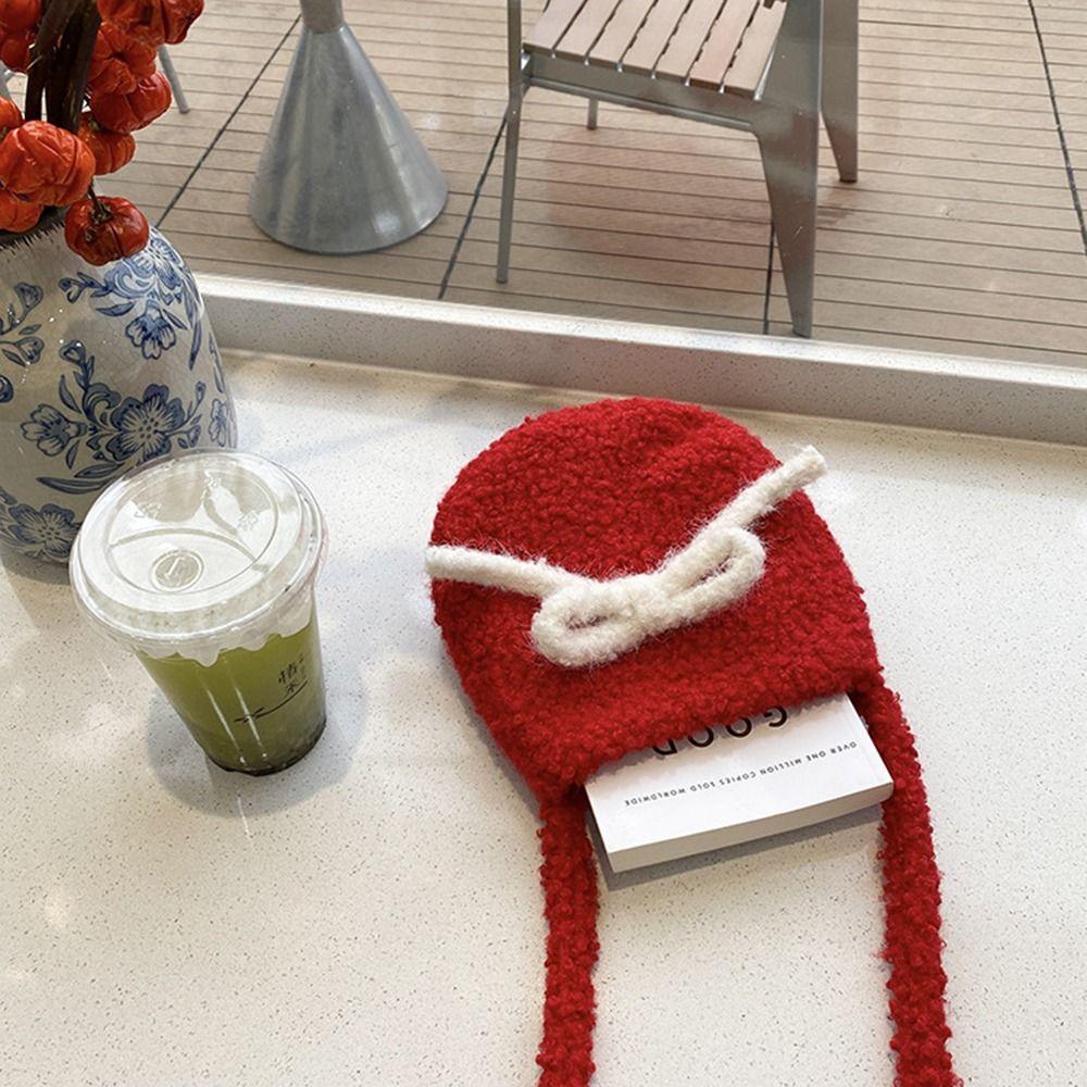 Single Shoulder Red Crossbody Bag Bow Decoration New Year Red Tote Plush Bucket Bag New Year