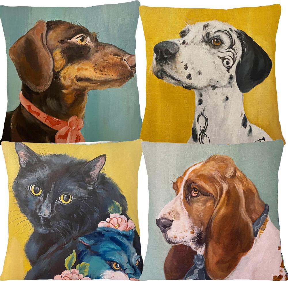 Oil Painting Animals Dachshund Dalmatian Basset Hound Dog Cat And Pheasant Print Cushion Cover Pillow Case