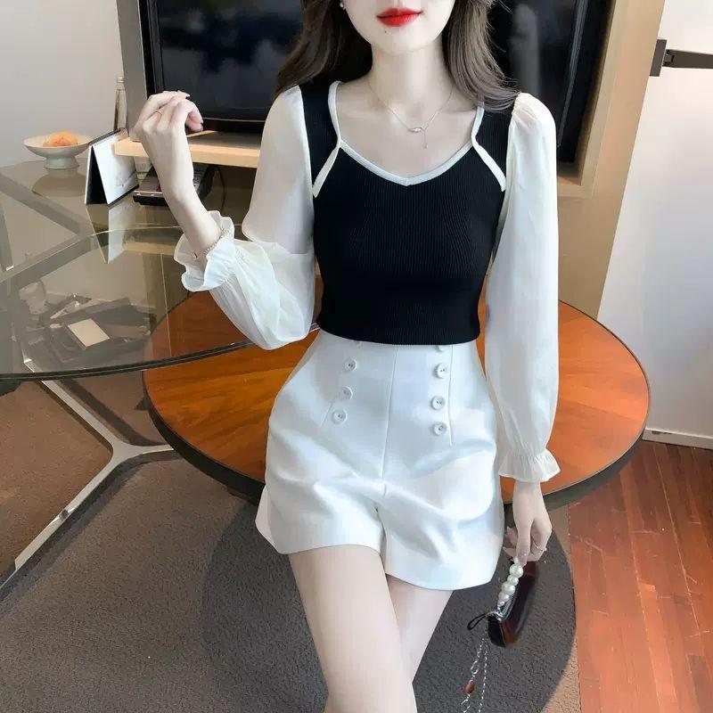 Chiffon Splice Knit Autumn New Fashionable Design Sense Small French Square Neck Slim Fit Long Sleeve Top