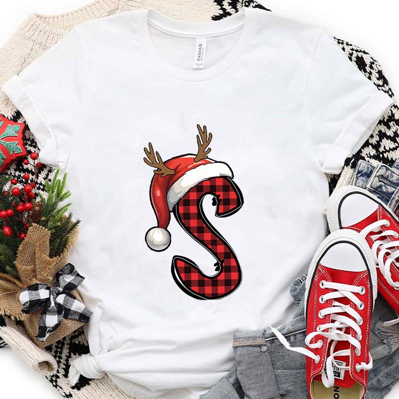 Christmas Alphabet AZ Letter Print Womens Tshirt Santa Graphic Casual Holiday Fashion Top Xmas Party Tees shirt for Women