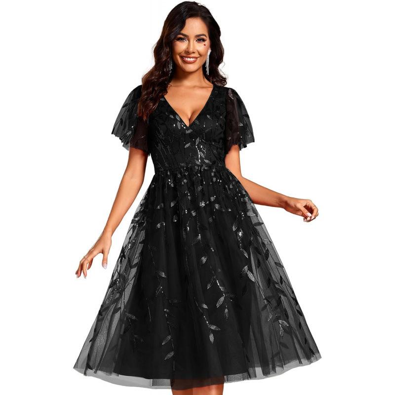 European and American sequined evening dress elegant dress women s 2026 summer new cocktail dress S чёрный