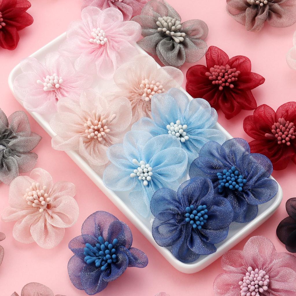 4pcs 5cm Organza Artificial Flowers Colorful Fabric Flowers With Stamens For DIY Wedding Party Home Clothing Headwear Decoration
