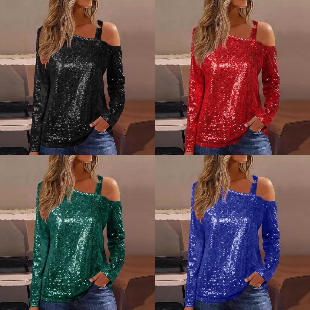 Polyester Long Sleeve T Shirt With Sequin Round Neck For Casual Women