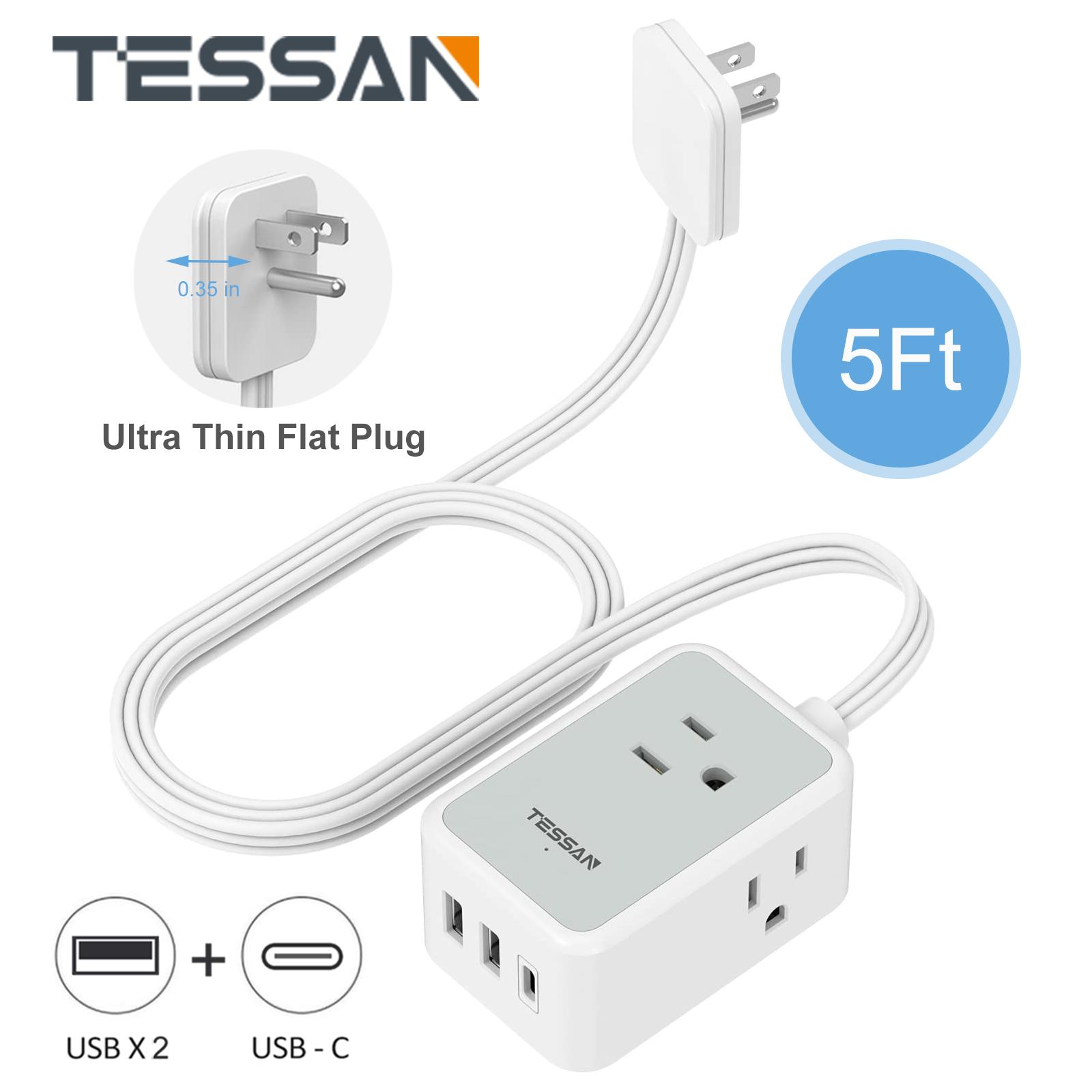 

Ультратонкий удлинитель TESSAN 6 в 1 с 3 розетками переменного тока и 3 USB (1 USB-C), Небольшой удлинитель с плоской вилкой и удлинителем длиной 5 футов