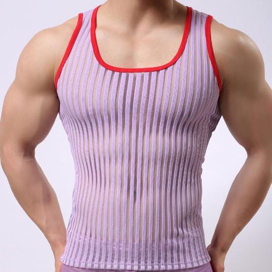 Men Vest Stylish Striped Quick Drying Sports Vest See-through Mesh Summer Camisole Tops Sports Vest Home Wear