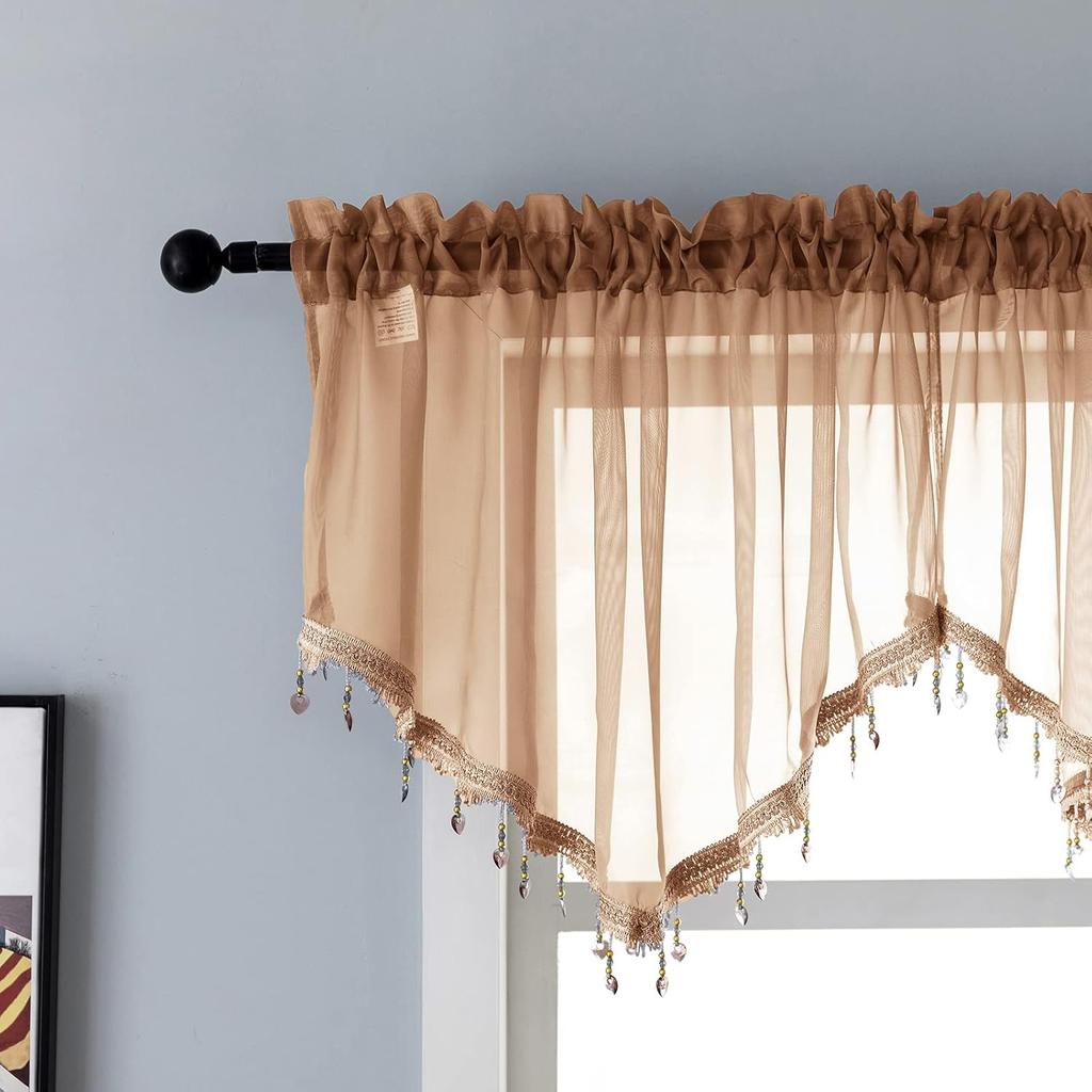 Beaded Triangle Sheer Valance Curta for Living Room,Rod Pocket Farmhouse Window Valance, Bead Trim Tassel Voile Sheer Curtain Valance for Bedroom