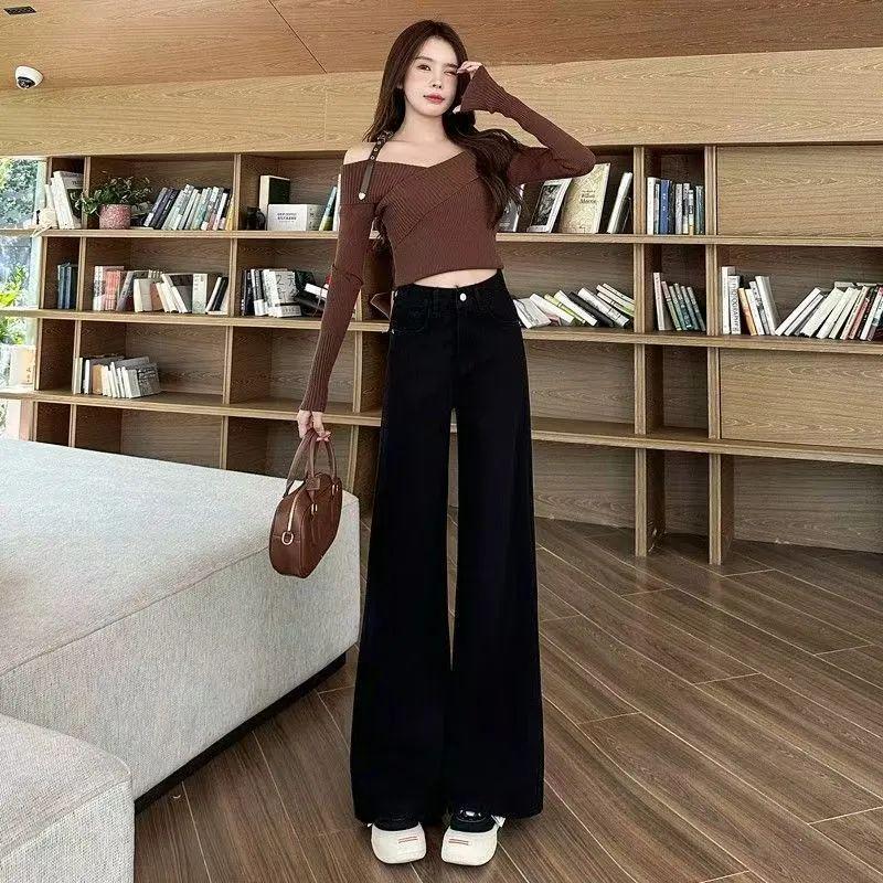 Women s 2025 Plus-Fleece Black High-Waisted Wide-Leg Floor-Length Jeans - Versatile Slimming Style S