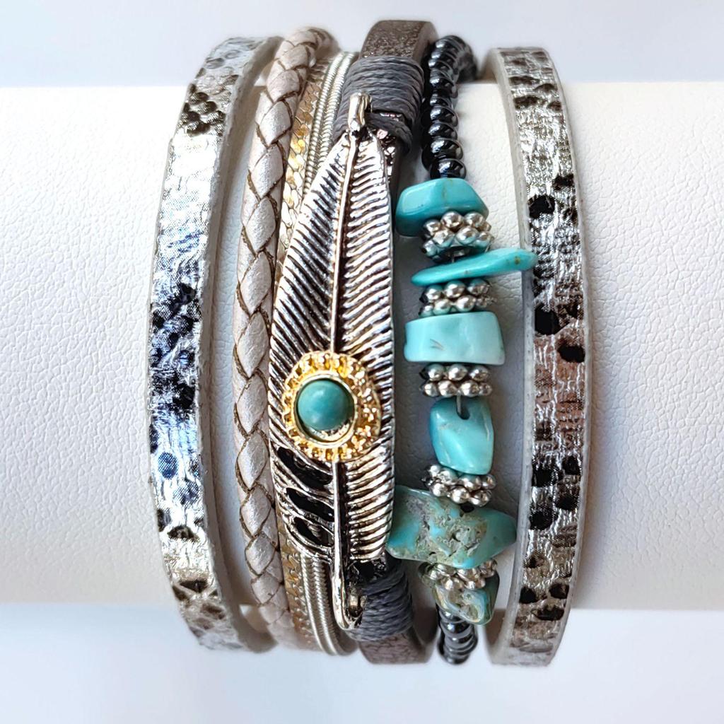 Bohemian Style Leather Bracelet with Crushed Stone and Plant Leaf Design