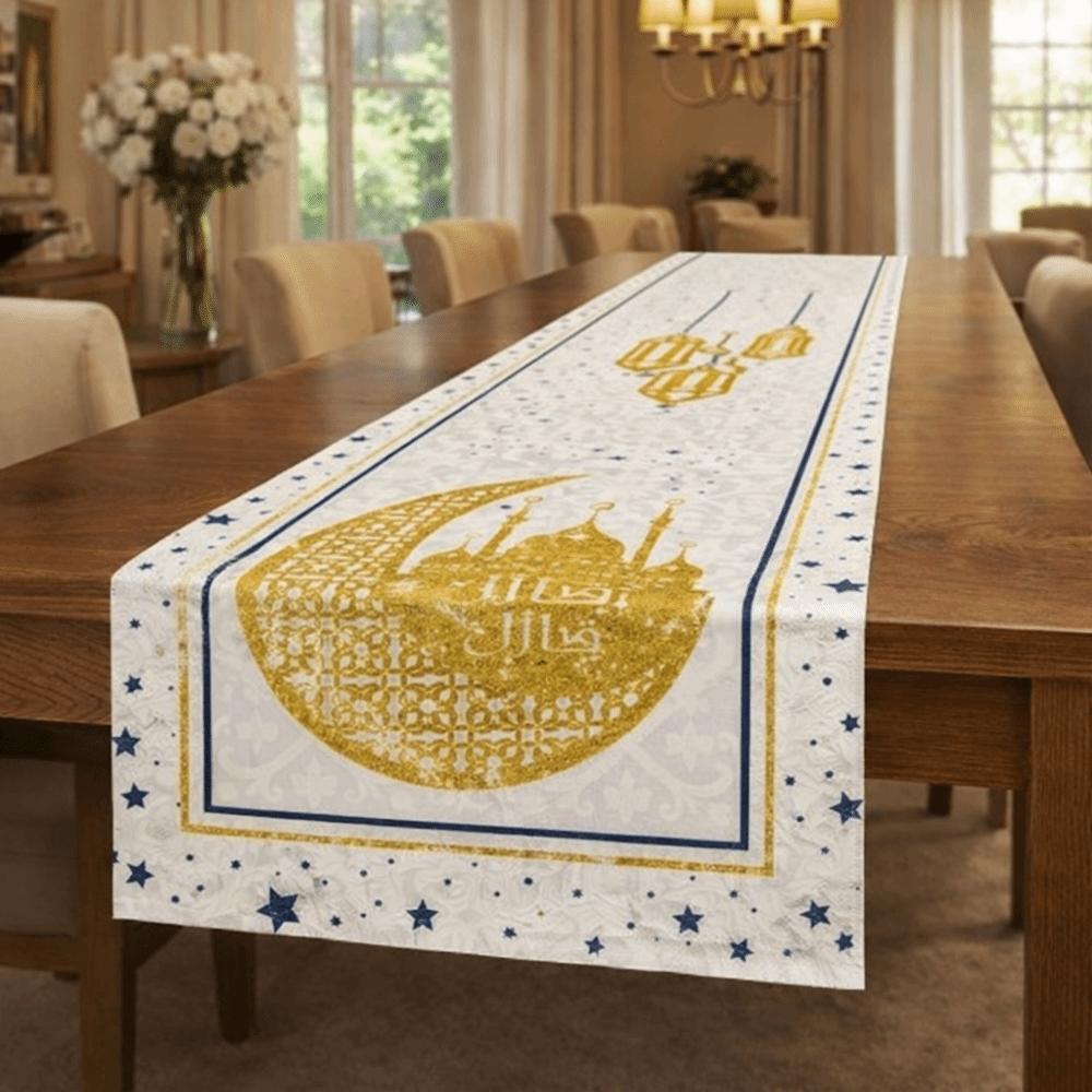 Thickened Ramadan Table Runner Vintage Decorative Dining Table Flag Castle Lantern Pattern Table Cover Islamic Party Decor