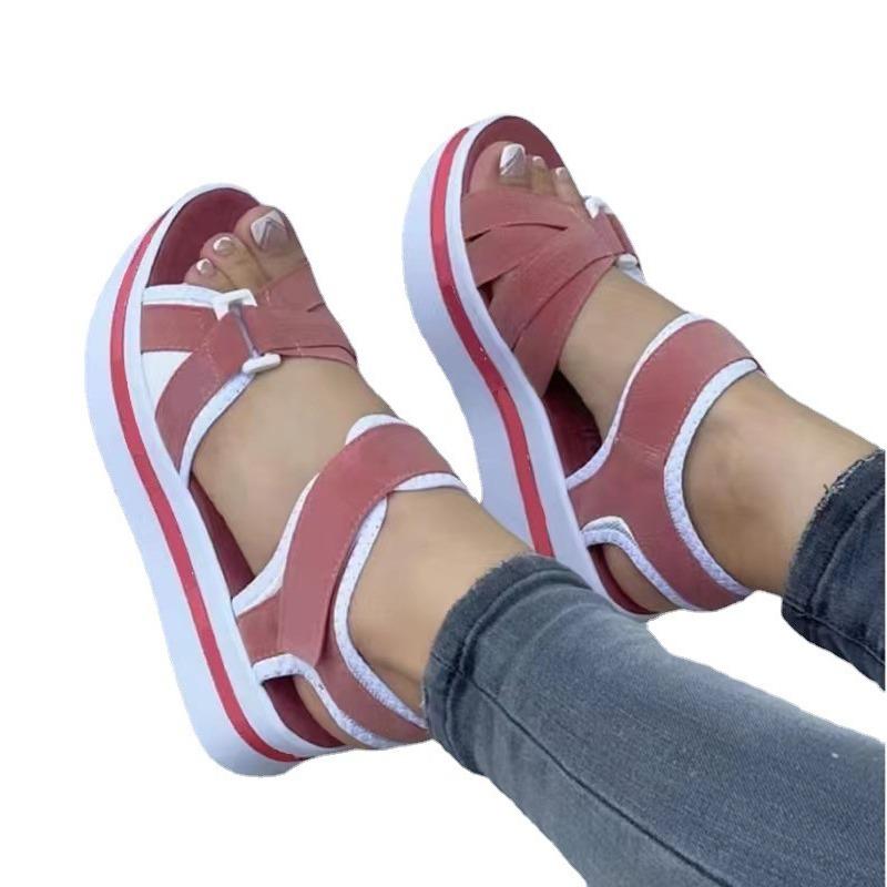 New Sandals Women's Large Size Thick-soled Round Head Cross-buckle with Color Matching Velcro Beach Sandals