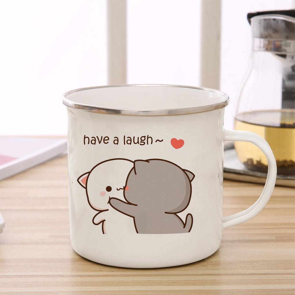Peach and Goma Cat Enamel Coffee Tea Cup Cute Animal Breakfast Dessert Milk Water Cup Couple Gift