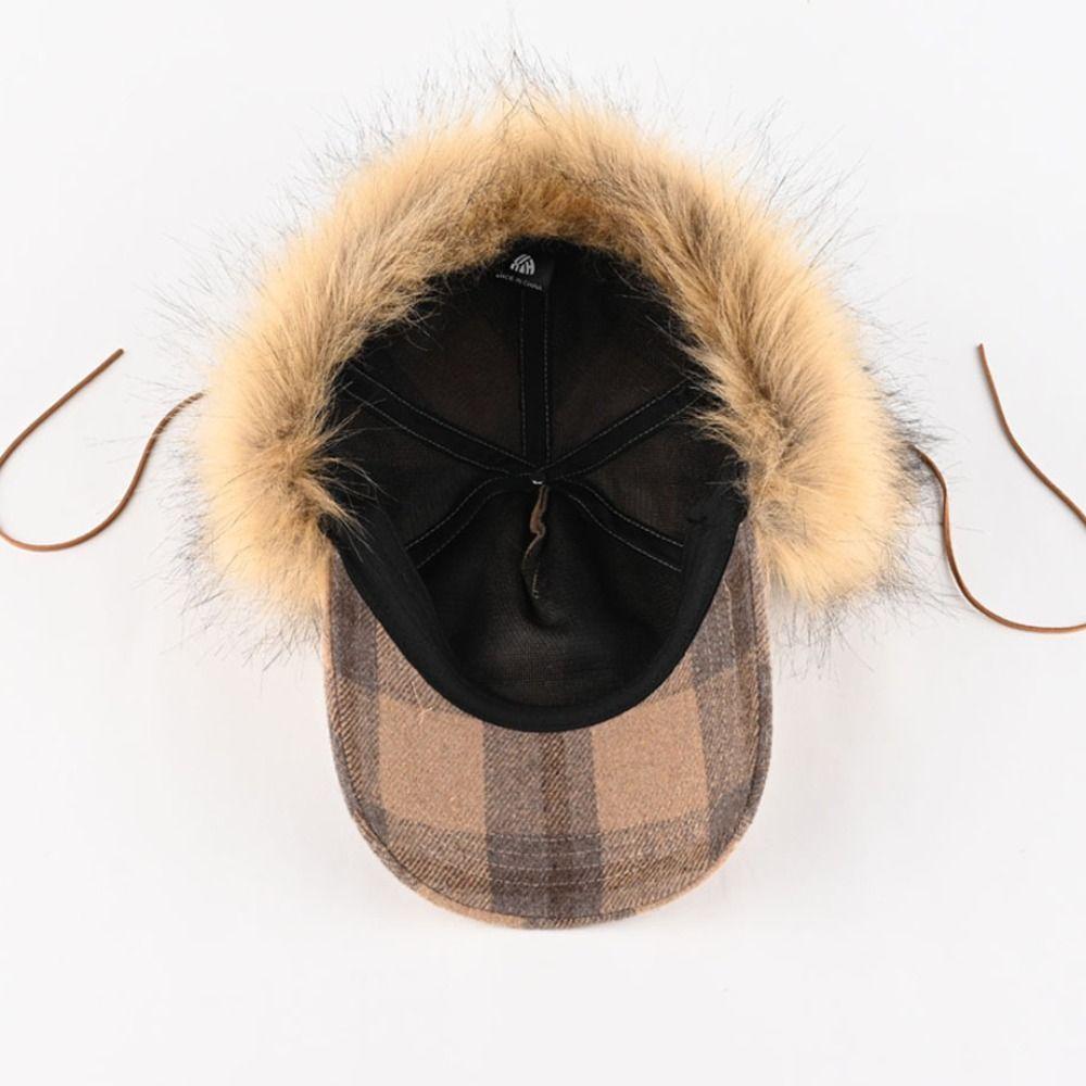 Faux Fur Pilot Hat Plaid Pattern Ear Protection Caps Fashion Bomber Cap Winter Outdoor