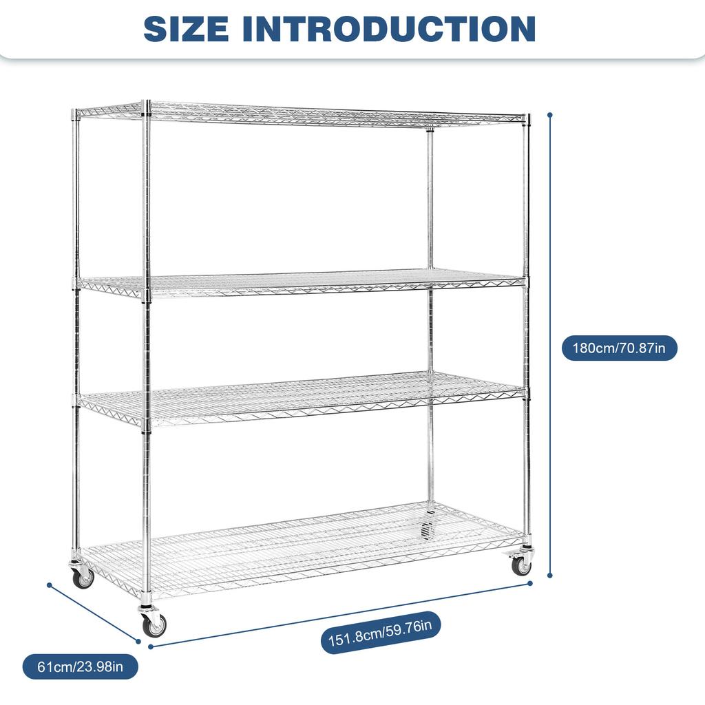 5-Tier 70.87x59.76x23.98in Heavy Duty Steel Storage Rack with Wheels Rolling Storage Shelf for Warehouses Closets Kitchen School