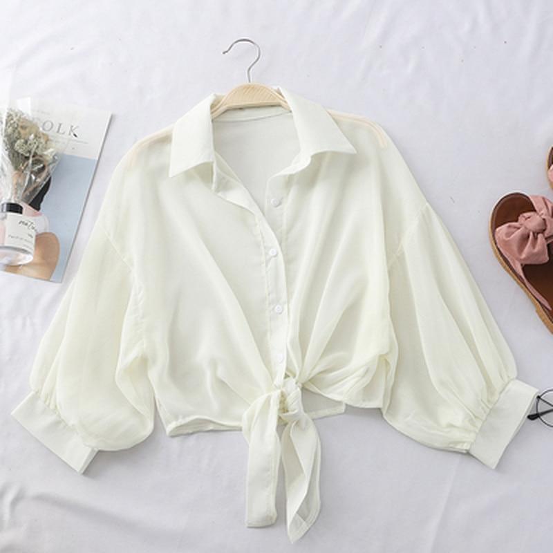 Camicia a Maniche Corte in Chiffon Abbottonata Blusa Casual Ampia da Donna Camicie Semplici Estive Vita Annodata Bluse Eleganti da Donna