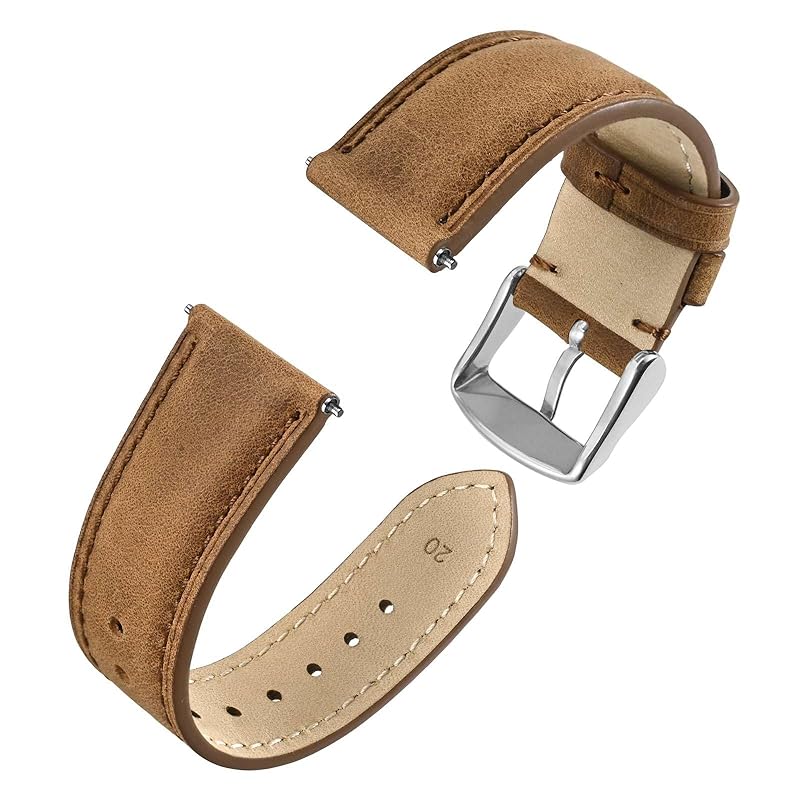 

[Anbeer] watch band 20mm leather watch band Quick Release replacement band stainless steel buckle Earth-colored/silver buckle