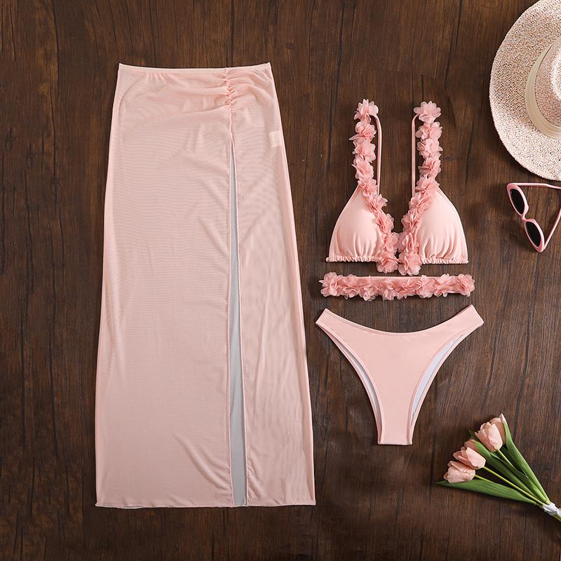 Sexy Solid Bikini Mesh Long Skirt 3 Piece Set for Women Split Swimsuit Beach Bikini New Summer Swimwear Bikini Set