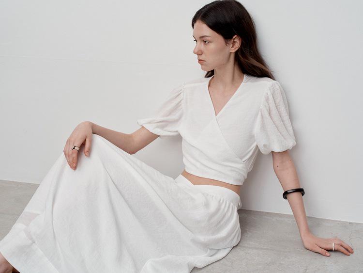 French Puff Sleeve Tie-Up Shirt - Women's V-Neck Summer Design, No Returns