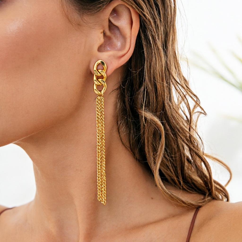 1pair Stainless Steel Rendy 18K Gold Color Chain Tassel Drop Earrings for Women Couples Hypoallergenic Daily Wear Party Layering Jewelry Gifts