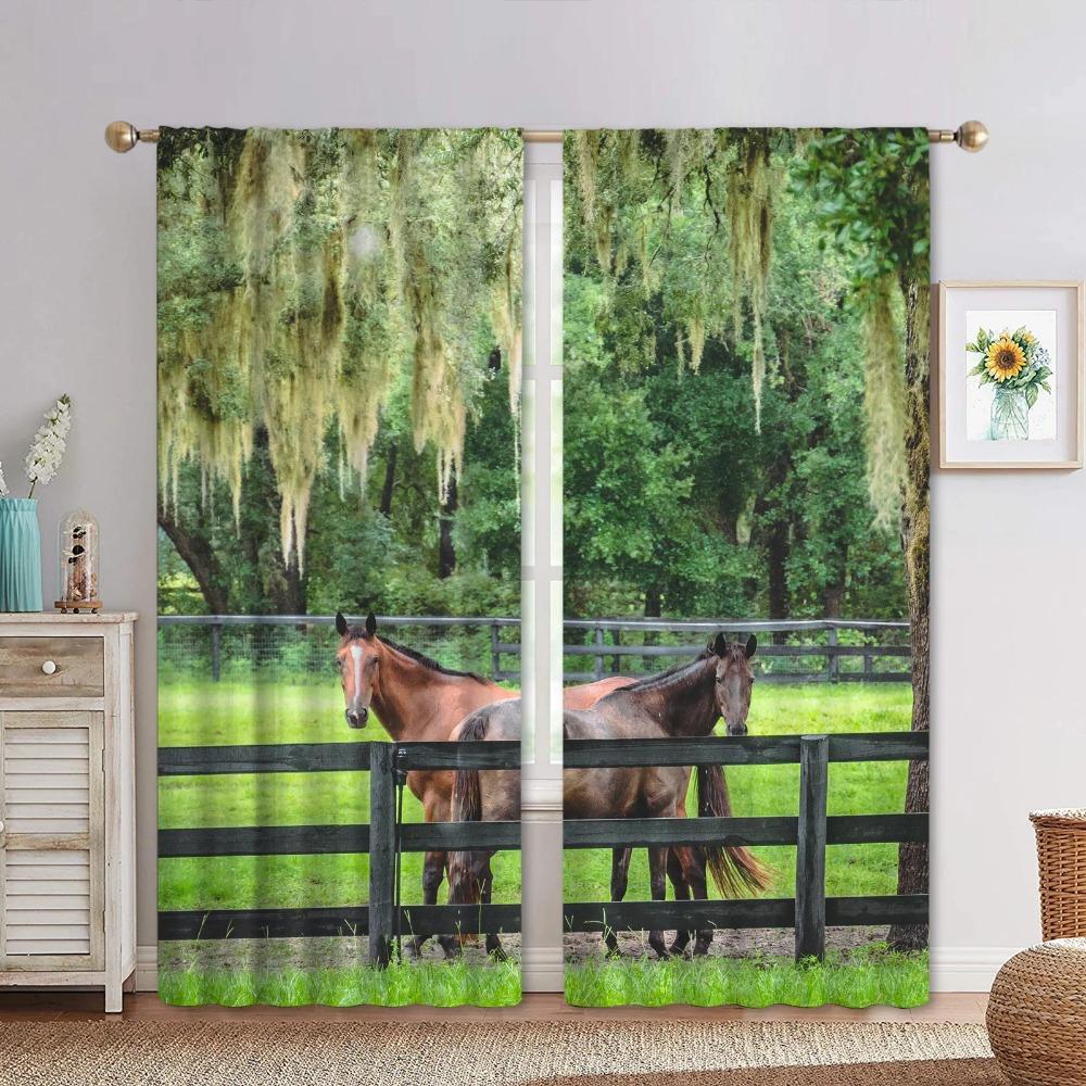 3D Digital Printed Horse Black White Polyester Lightweight Shading Window Panel Curtain designed for Kids Living Room Bedroom Bathroom Decor Hooks