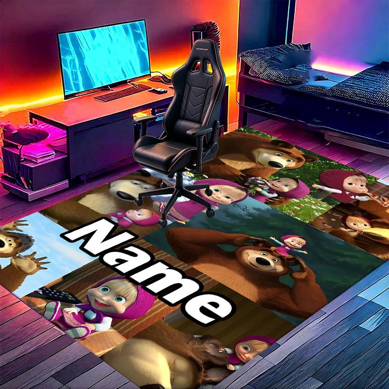 Custom Name Personalized Masha and The Bear Print Carpet, Versatile Home Decor Rug, for Playroom, Apartment, Balcony, Entryway, Hallway Gift