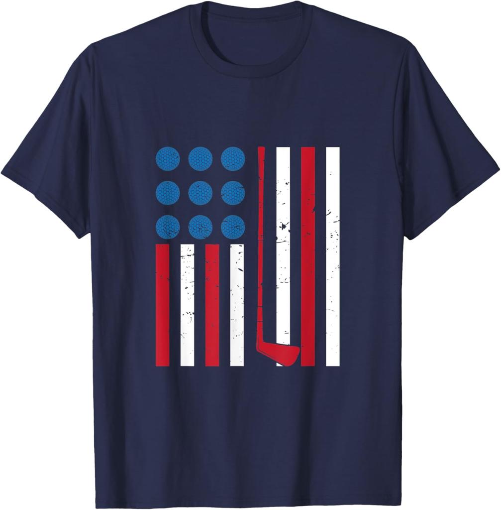 Distressed American Flag Golf Stick And Balls Graphic Tee Vintage Sports TShirt For Men