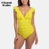CHARMLEAKS Ruffle One Piece Swimsuits for Women Solid V Neck Ruched High Cut Leg Monokini Bathing Suits Swimwear