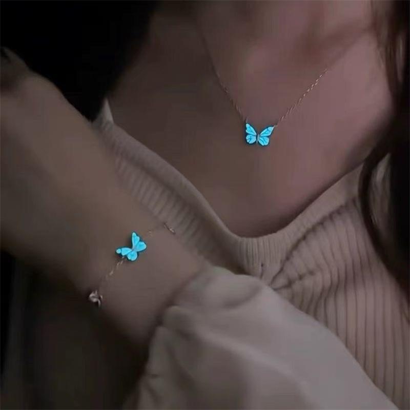 Glow in the Dark Butterfly Choker Necklace and Bracelet Set Women's Luminous Party Jewelry Gift