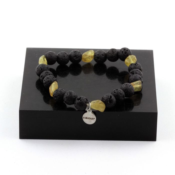 Pierres et Minéraux. Bracelet Apatite jaune de Madagascar + Perles Lave 8 mm. Fabriqué en France.