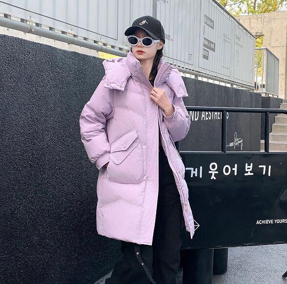 Women's Winter Autumn Thick Hooded White Duck Down Jacket Coat Loose Middle Long Solid Color Big Pocket Detachable Hat Down Coat