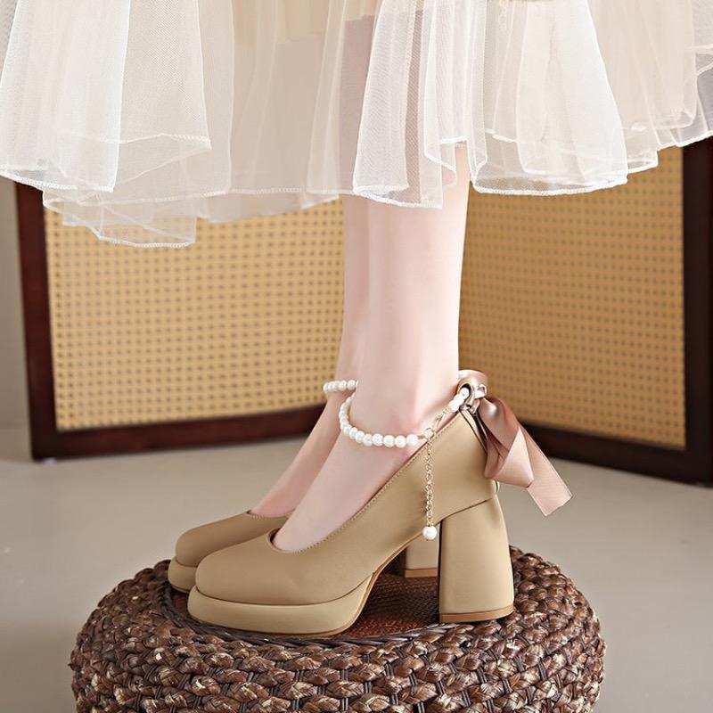 Women High Heels Luxury Pearl Mary Jane Shoes Elegant Bow Pumps Shoes for Women Party Wedding Shoes Platform Lolita Shoe