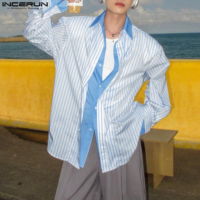 INCERUN Men's Lapel Long Sleeve Fake Two-piece Striped Print Button Up Shirts Tops
