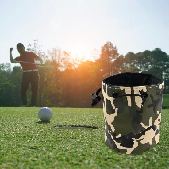 Camo Golf Ball Bag Bucket Design Drawstring Golf Pouch Faux Leather Portable Golf Ball Carrier Bag for Men Women