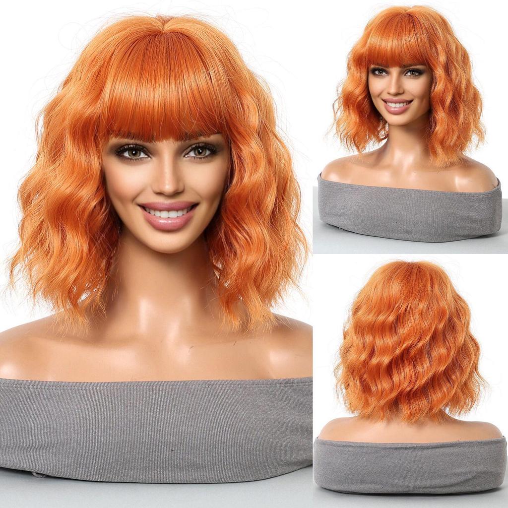 Short Wave Bob Wig with Bangs for Women Synthetic Wigs with Natural Wavy Black Mixed Brown Heat Resistant Wig for Daily Party Use