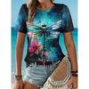 Retro Gradient Tie Dye Dragonfly Print Round Neck Women's T-shirts Casual Fashion Short Sleeved Top