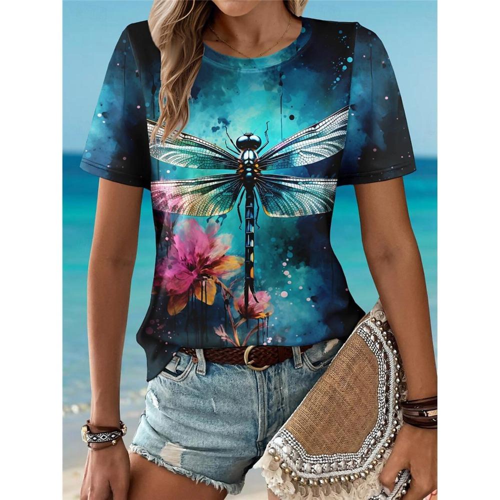 Retro Gradient Tie Dye Dragonfly Print Round Neck Women's T-shirts Casual Fashion Short Sleeved Top
