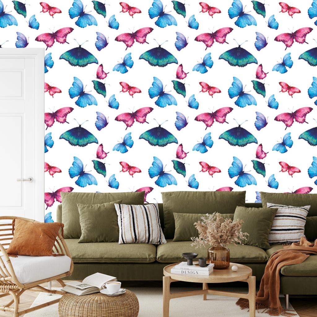 Wallpaper Wall and colorful butterflies for living room and bedroom 50x1000