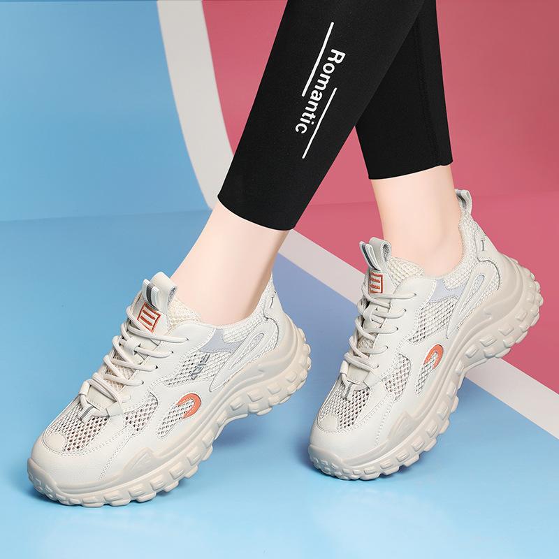 Leder Dad Shoes Damen Trend Ins Retro Temperament Boden Dicke Sohle Farbabstimmung Sport und Freizeit Netzschuhe Temperament Vielseitig