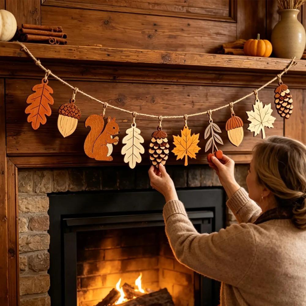 Wood Hanging Banner Decors Cutout Pendants Fall Wooden Garland  For Thanksgiving Decor
