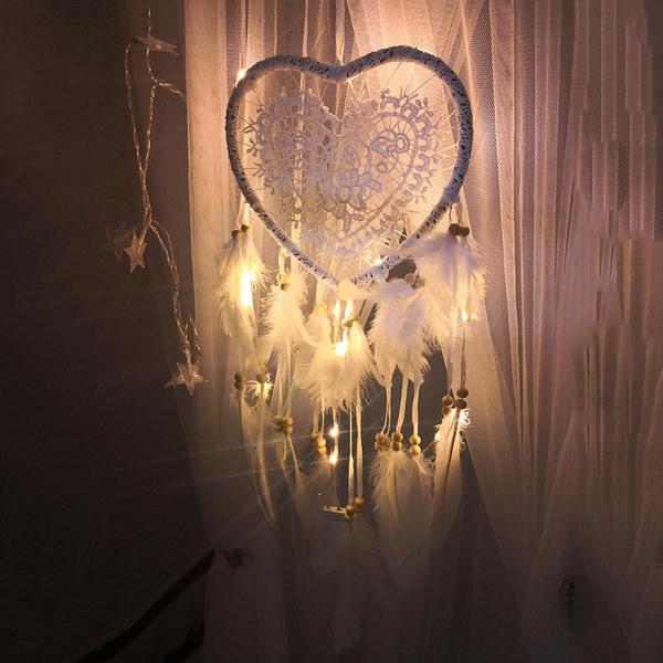 1PC romantico acchiappasogni a LED con acchiappasogni di piume luce notturna comodino per la casa appeso a parete decorazione di nozze per feste di casa