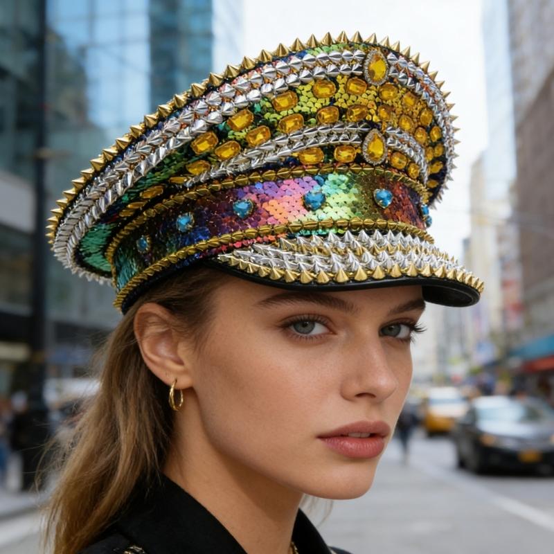 Stylish Rhinestones And Studded Flat Top Cap For Women Men Baseball Hat Fashionable Party Accessory With Adjustable Size