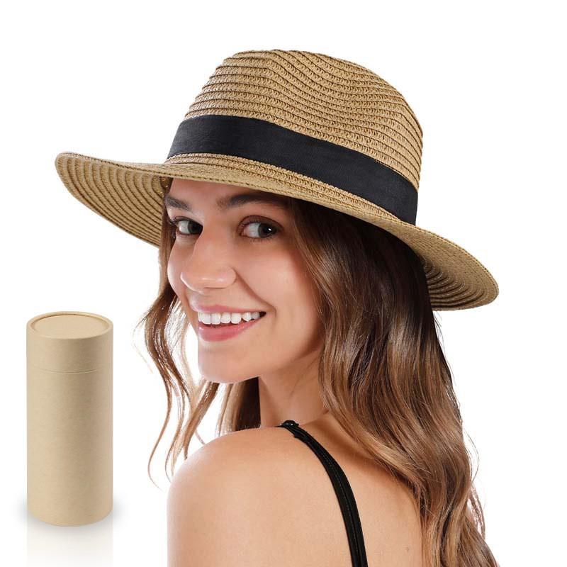 Womens Wide Brim Paper Straw Hat Beach Vacation Sun Protection Foldable Panama Style