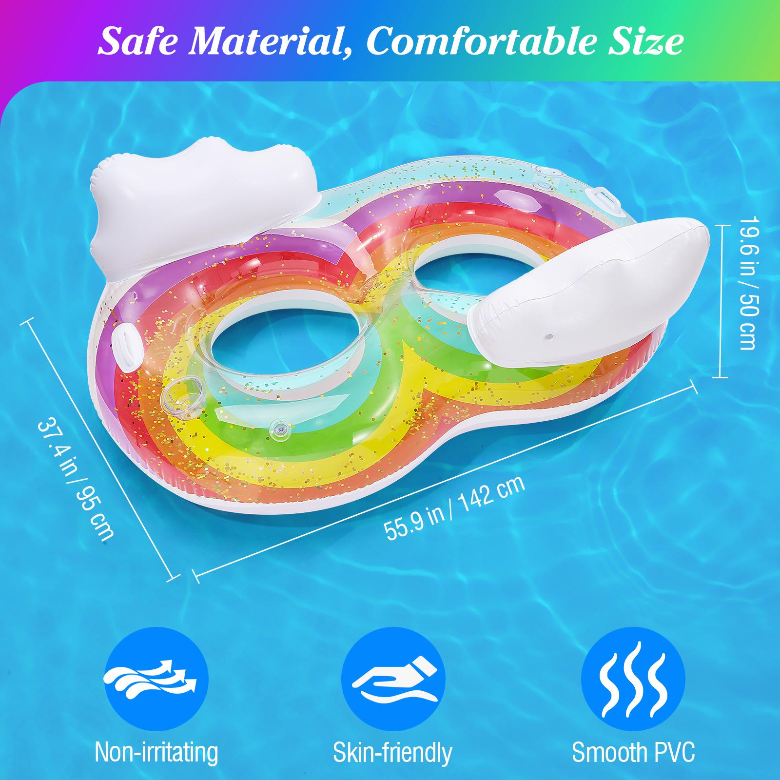 Pool Floats Adult 2 Seat Inflatable Chairs Rainbow Pool Floaties with Clouds Backrests Inflatable Pool Toys with Cup Holders