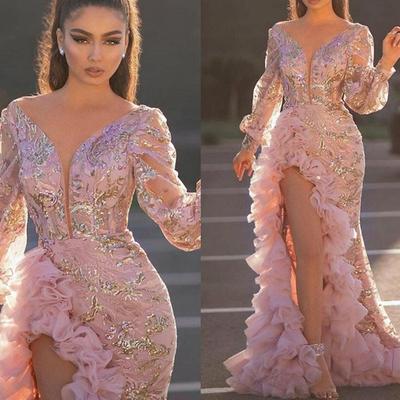 Różowa suknia wieczorowa syrenka Custom Made z długim rękawem suknie balowe z przodu z rozcięciem Dubai Celebrity Party Dress Robe