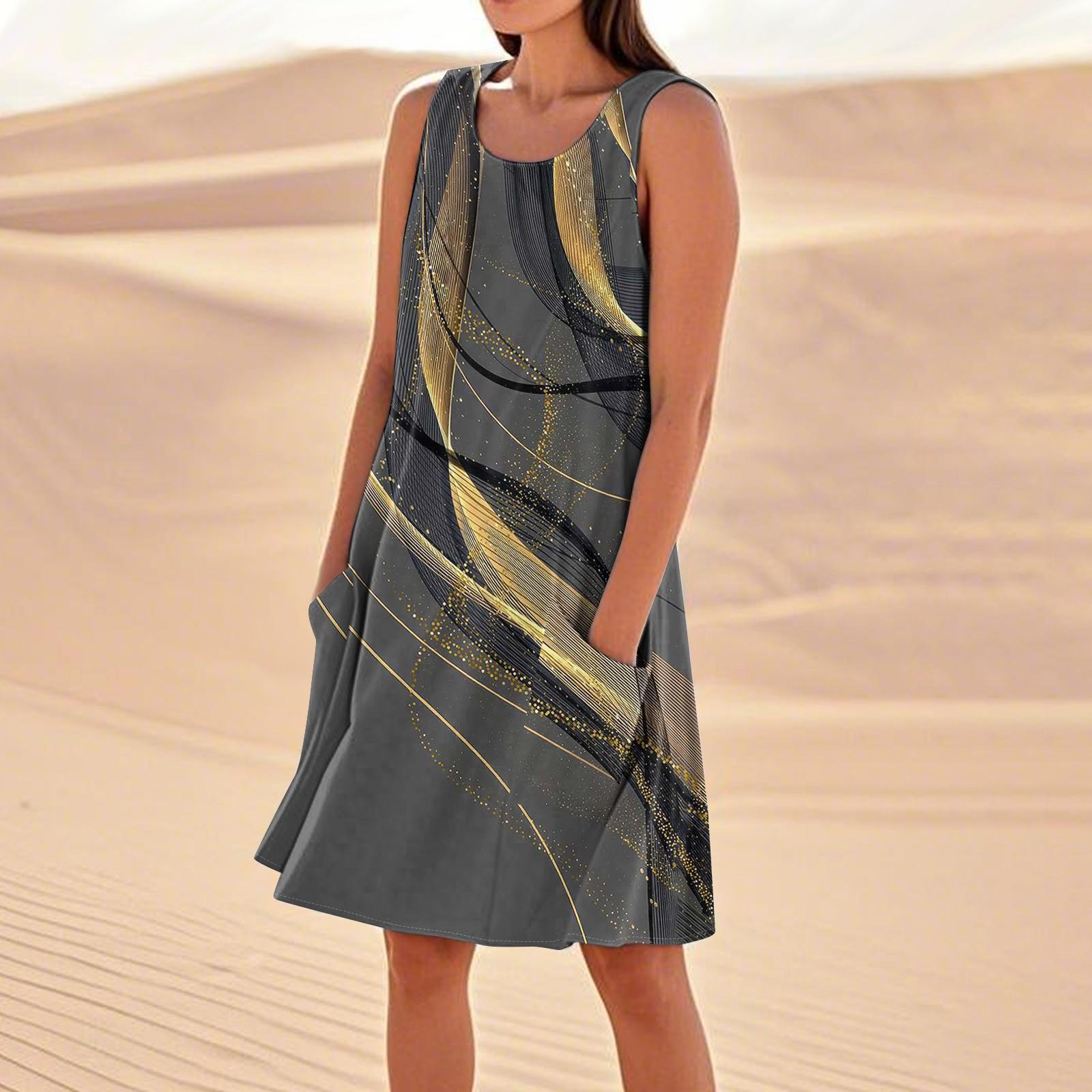 

Літні сукні для жінок Вільні пляжні повсякденні сарафани без рукавів з кишенями Сукня-майка XL чорний