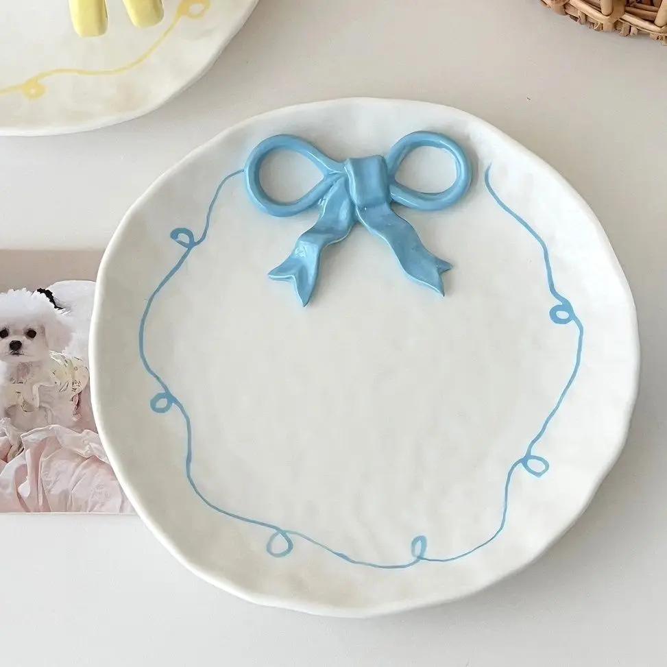 Nordic 3D Bow Cute Plate and Coffee Mug Hand-painted Ceramic Plate Ornament Sliving Bedroom Dining Table Snack Fruit Salad Plate