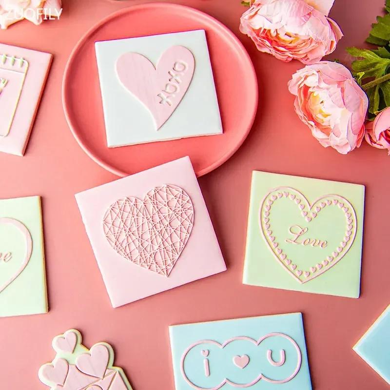 2023 Valentine's Day Heart Fondant Printing Stamp Cartoon Lips Love Letter XOXO Cookie Cutter Embosser Cake Mold DIY Baking Mold