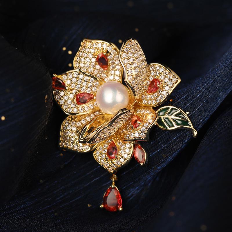 Bo Xin Yun Luxury Camellia Brooch with Zircon and Agate Flower Pin
