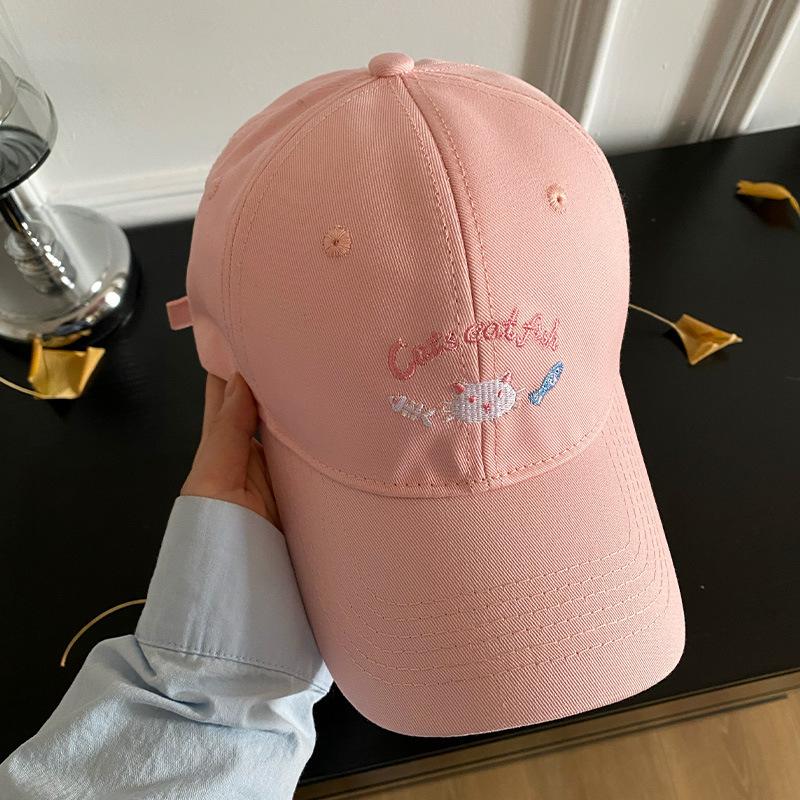 Cute Kitten Embroidered Baseball Cap Women's Spring and Summer Big Head Circumference Showing Face Small Cap New High-end Hat